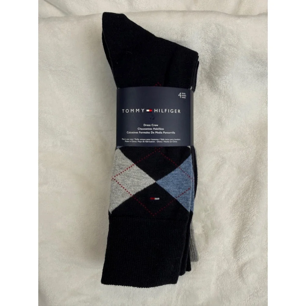 Tommy Hilfiger Mens Dress Crew Socks 4 Pack Navy Gray Argyle Solid Assorted New